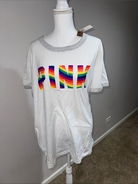 PINK Victoria's Secret White Tee with Rainbow Logo and Grey Trim